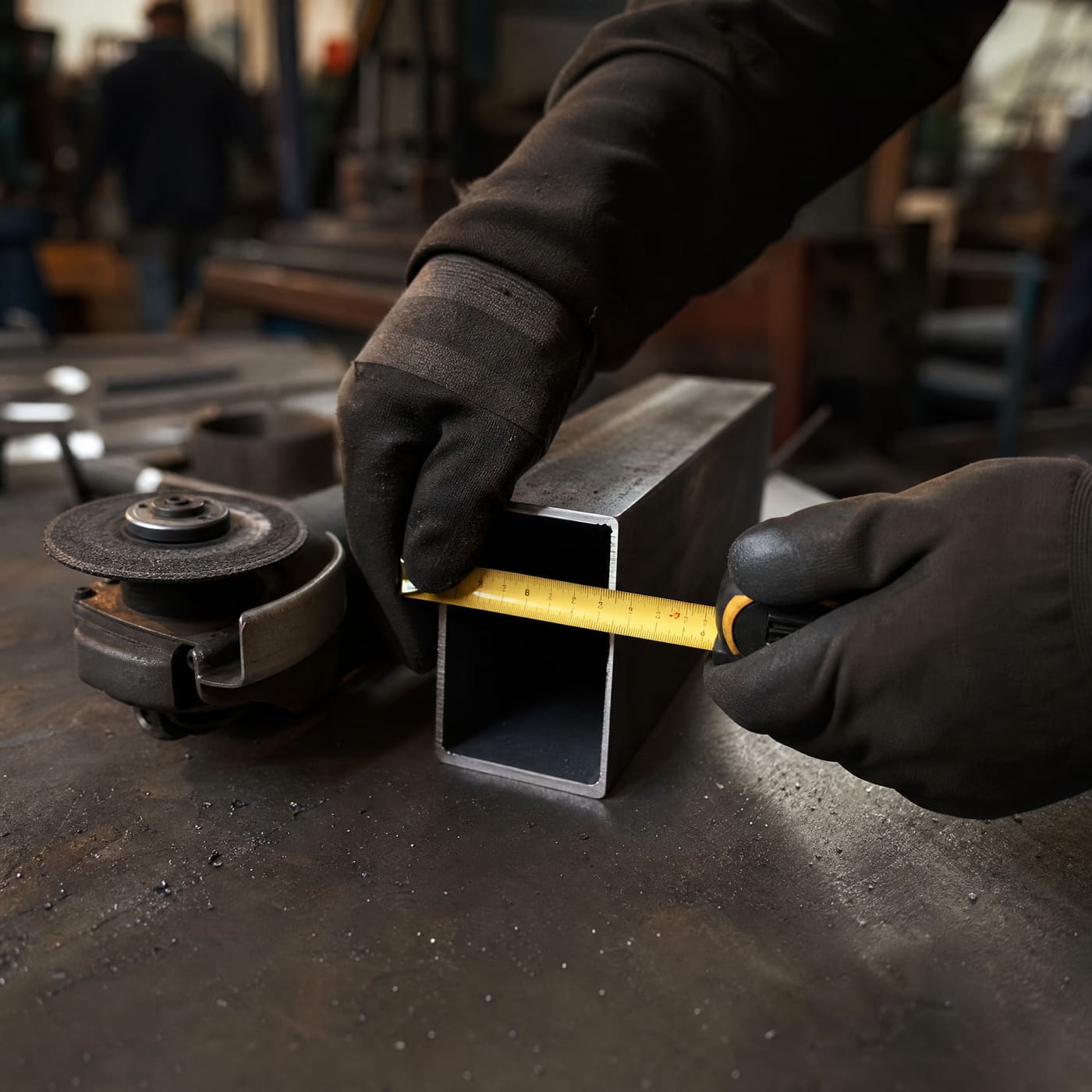 Measuring a steel box section on the workshop bench