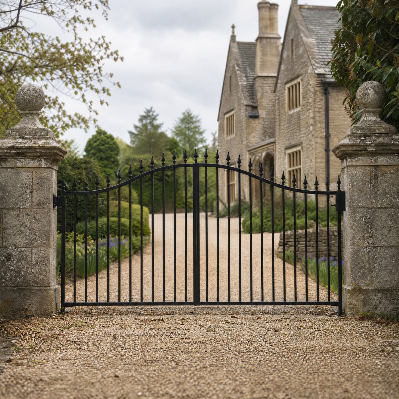 Black steel driveway gates between stone pillars