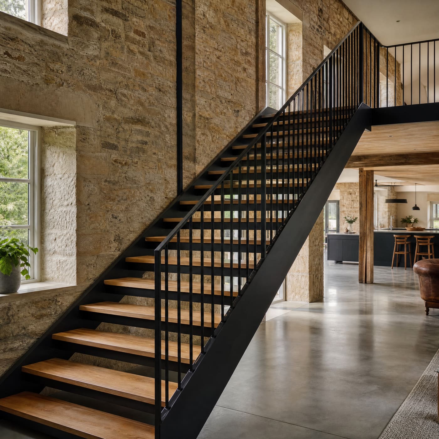 Black steel staircase with oak treads in a stone mill conversion